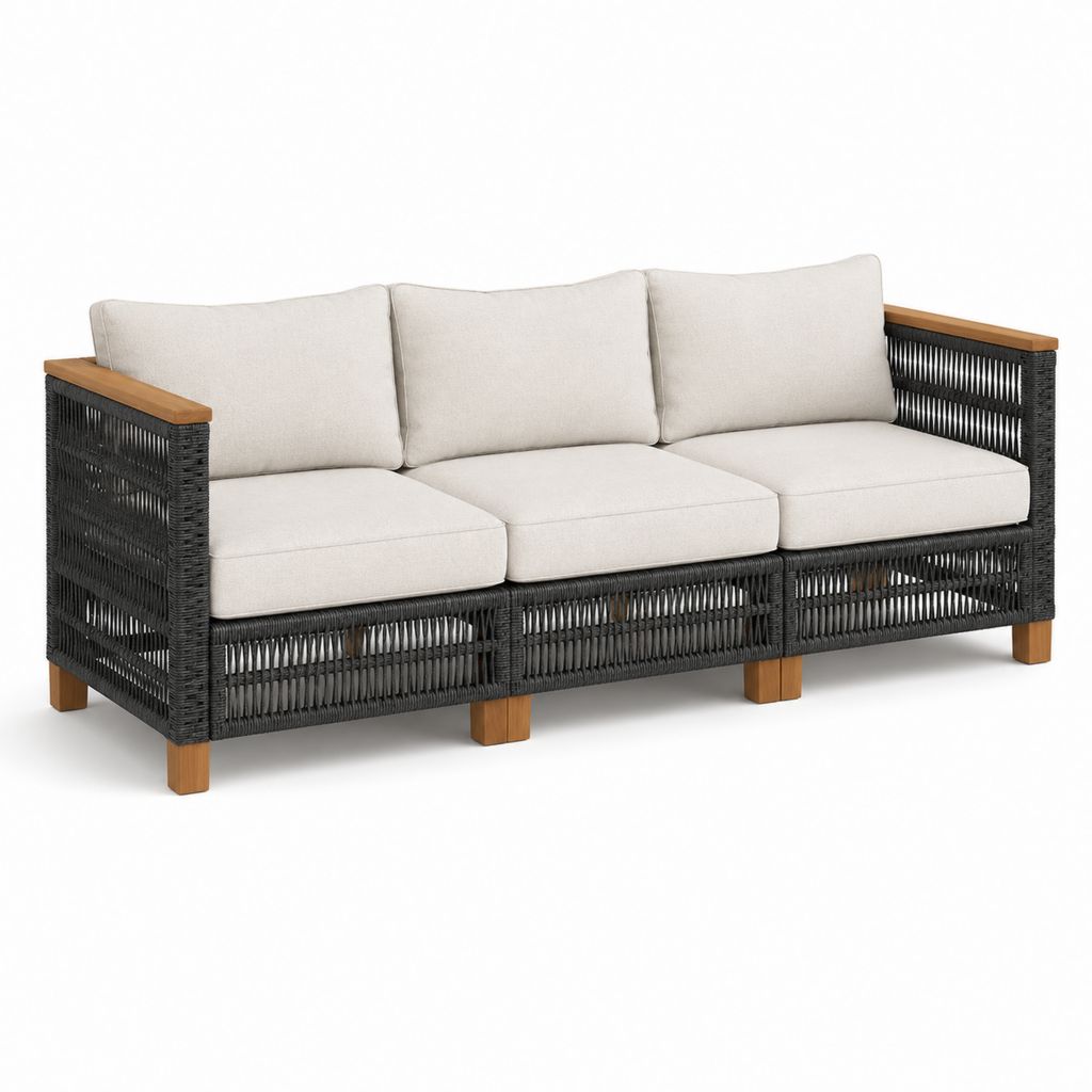Canapé de jardin à 3 places en résine tressée PE, acier et bois avec coussins beige, noir et brun naturel, 204 × 78 × 78 cm