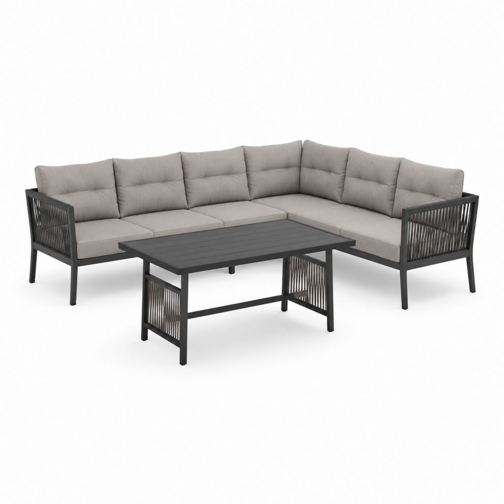 Salon de jardin 2 pièces avec canapé angulaire L 5 places 252 × 252 × 76 cm et table basse 120 × 70 × 45 cm en aluminium noir et gris tourterelle