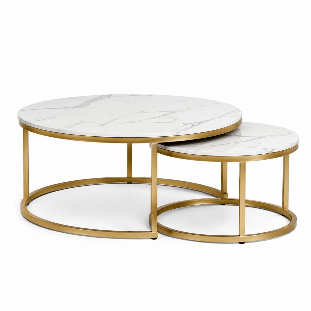 Ensemble de 2 tables de salon rondes en MDF effet marbre et acier doré, Ø80 × H45 cm et Ø60 × H38 cm