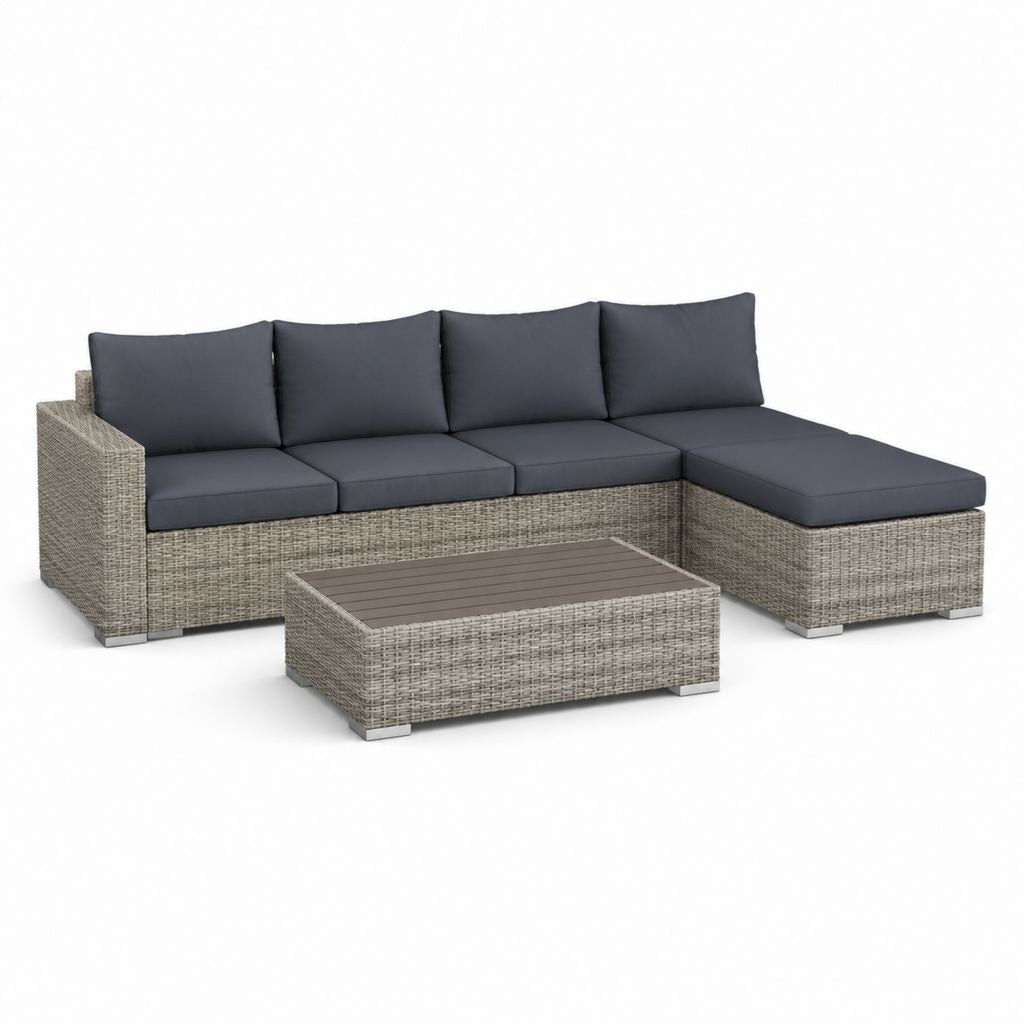 Ensemble de salon angulaire d'extérieur à 4 places en polyrattan gris tourterelle avec oreillers anthracites, canapé 240 × 145 × 74 cm et table basse 90 × 55 × 35 cm