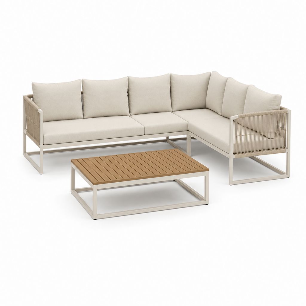Salon d'angle de jardin à 5 places en aluminium et corde beige avec coussins et table basse en bois, 240 × 240 × 76 cm