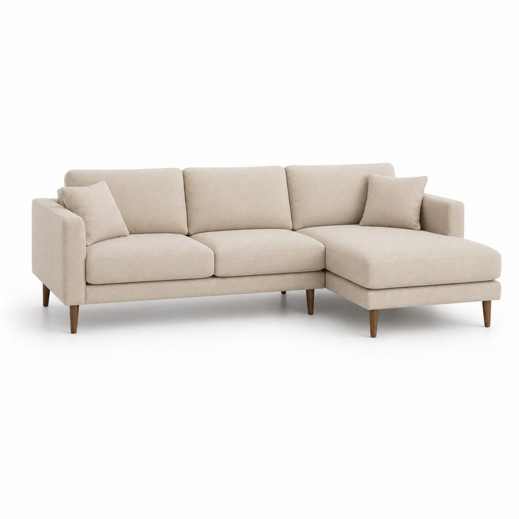 Canapé angulaire L en tissu beige, 3 places avec chaise longue droite, 230 × 150 × 85 cm