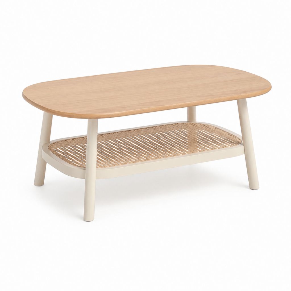 Table basse rectangulaire avec coins arrondis en bois et rotin, 100 × 55 × 45 cm, chêne naturel et crème