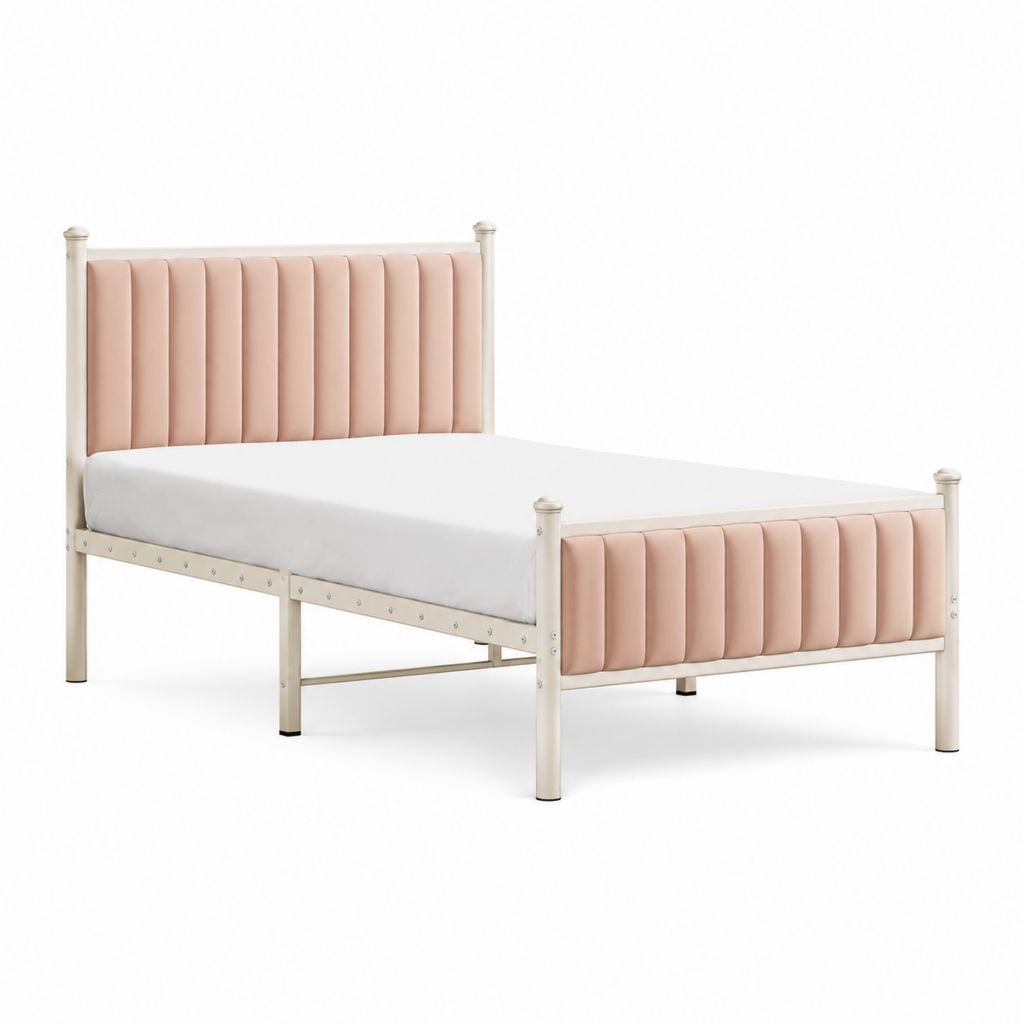 Lit double rembourré 140 × 200 cm en acier et velours rose poudre et crème