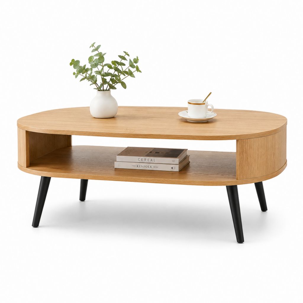 Table basse de salon ovale en MDF plaqué chêne avec plateau et jambes en métal, chêne naturel et noir, 110 × 55 × 45 cm