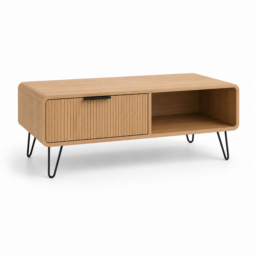 Table basse rectangulaire en bois et métal avec porte rainurée et compartiment ouvert, chêne naturel et noir, 110 × 55 × 45 cm