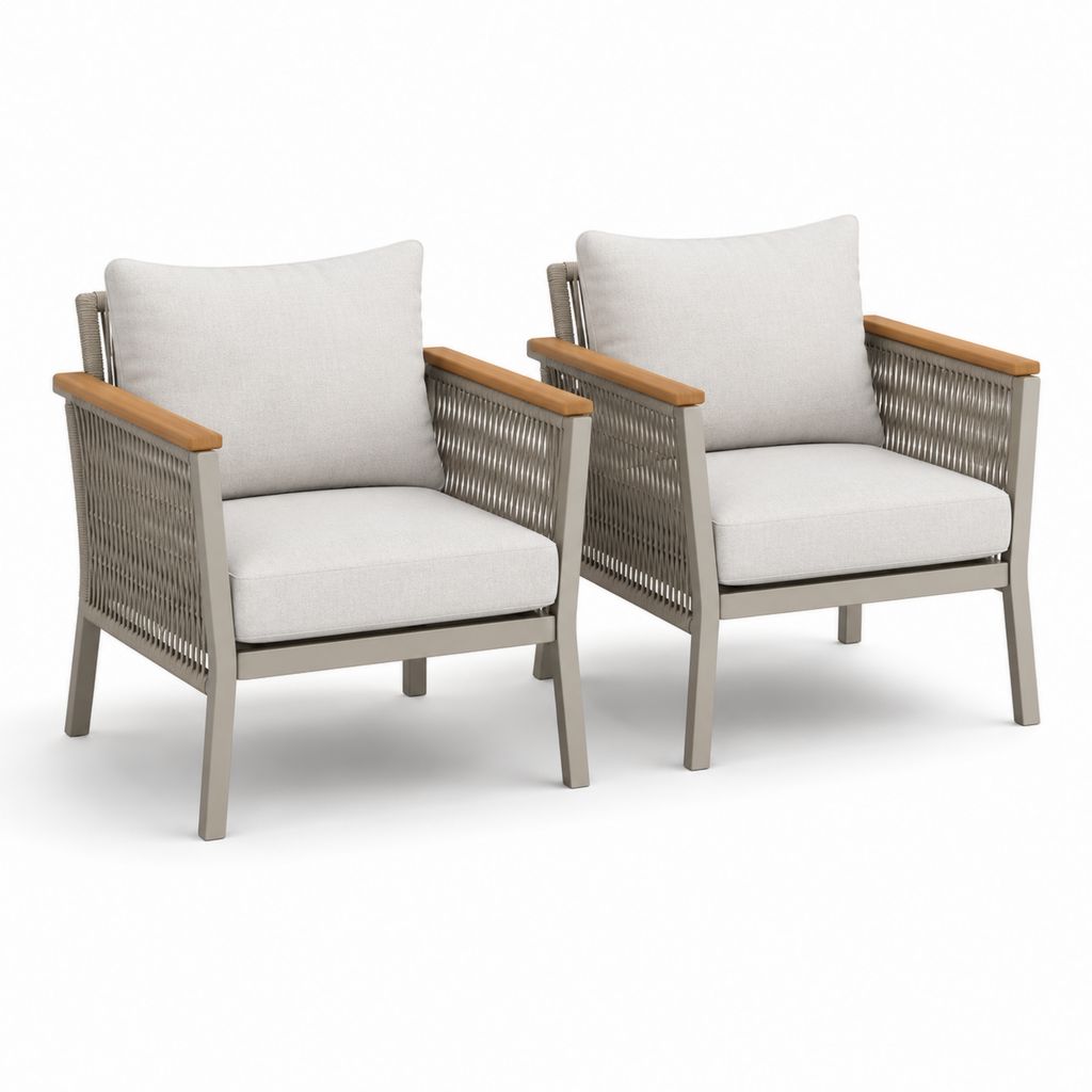 Ensemble de 2 fauteuils de jardin en aluminium, corde et tissu beige clair, 70 × 75 × 80 cm