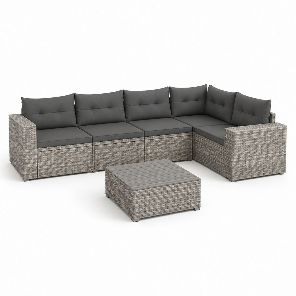 Ensemble de canapé de jardin angulaire modulaire à 6 places avec table basse en résine tressée PE gris et oreillers anthracites, 280 × 213 × 72 cm