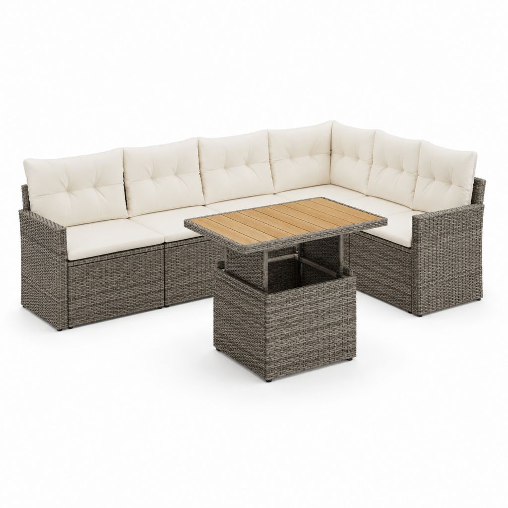 Canapé angulaire de jardin à 6 places avec table élévable en résine tressée PE et acier, 237 × 237 × 72 cm, gris taupe, crème et brun naturel