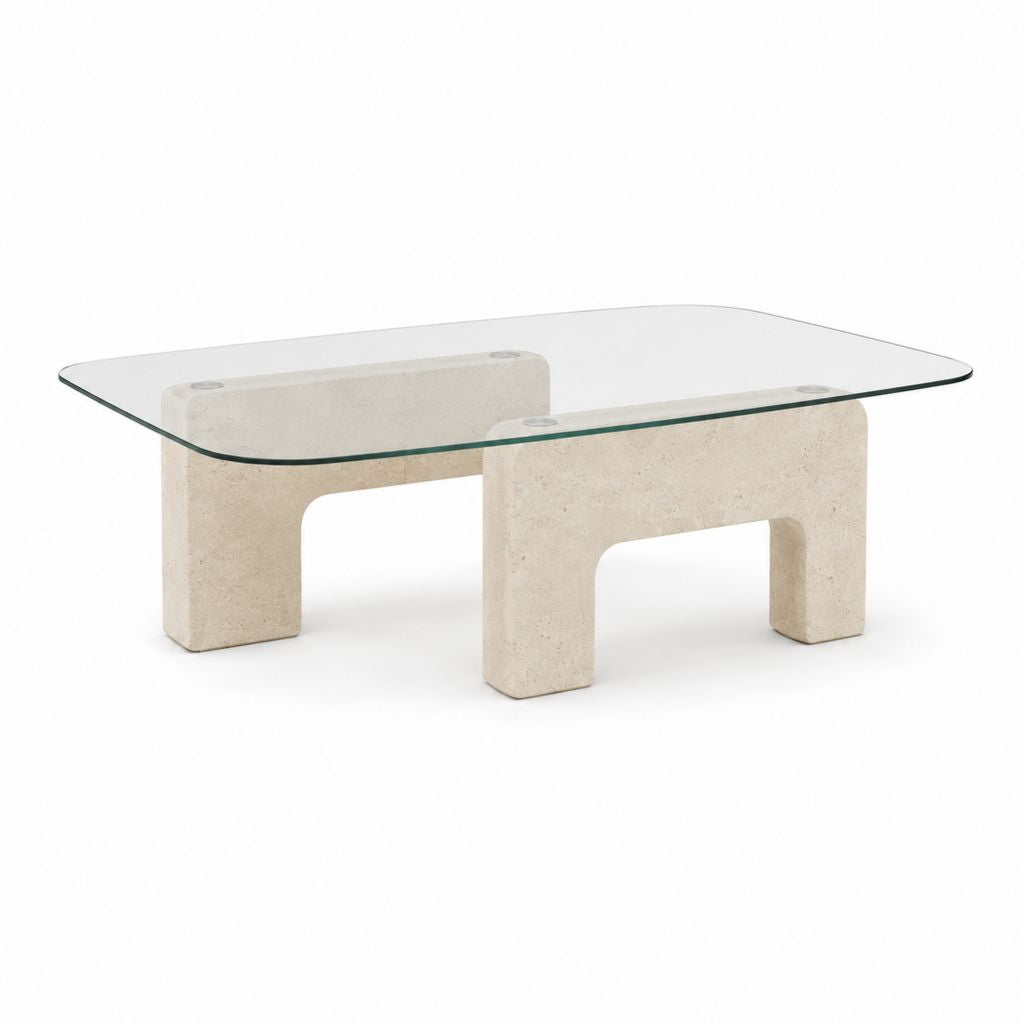Table basse rectangulaire en verre trempé et travertin beige, 120 × 65 × 40 cm