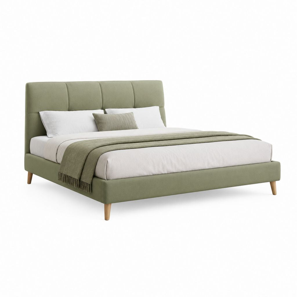 Lit double rembourré 160 × 200 cm en tissu vert sauge avec tête rectangulaire, 170 × 215 × 110 cm