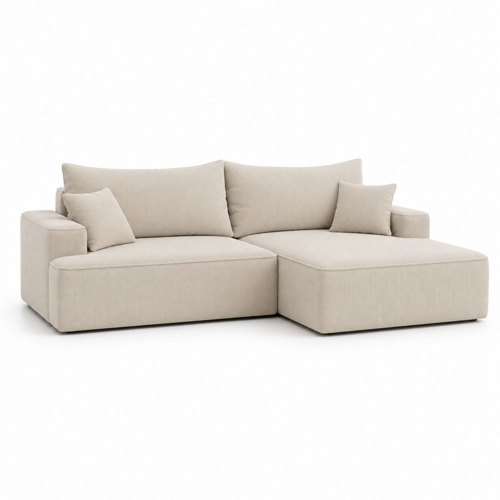 Canapé angulaire modulaire 3 places en tissu à côtes beige avec péninsule droite, 258 × 165 × 88 cm