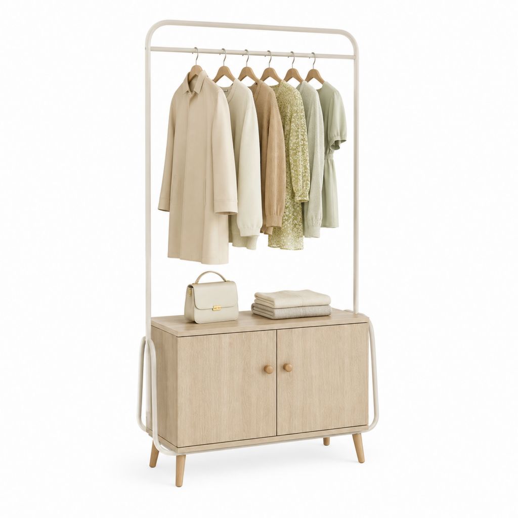 Cintres de sol avec armoire à 2 portes en acier et truciolaire, beige et chêne clair, 100 × 40 × 180 cm
