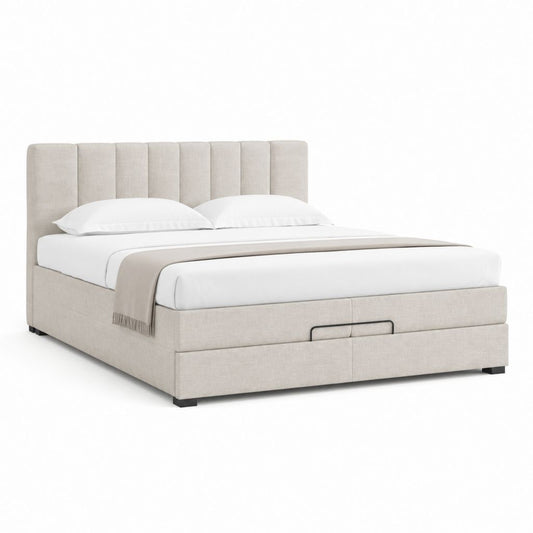 Lit double contenant rembourré en tissu beige et noir pour matelas 160 × 200 cm, dimensions 171 × 216 × 110 cm