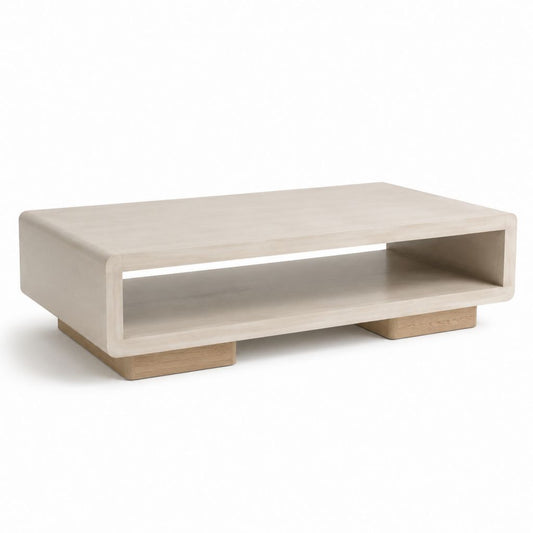 Table basse rectangulaire en MDF plaqué chêne avec compartiment ouvert, ivoire et chêne naturel, 120 × 60 × 40 cm