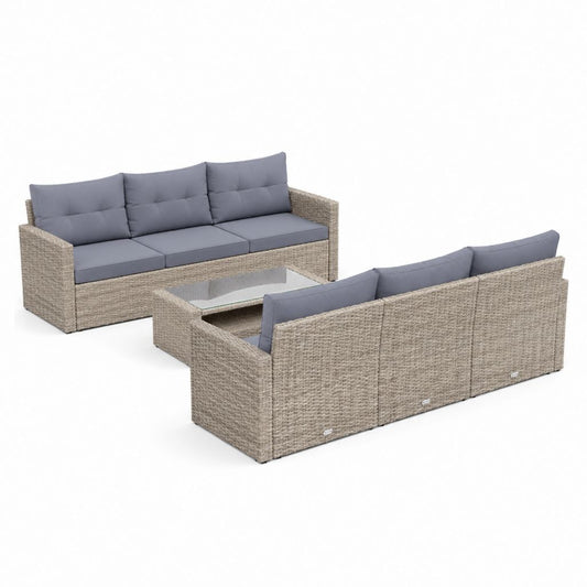 Salon de jardin 3 pièces de 6 places en résine tressée PE tourterelle avec coussins gris anthracite, canapés 181 × 65 × 74 cm et table basse 120 × 60 × 38 cm
