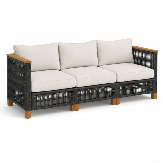 Canapé de jardin à 3 places en résine tressée PE, acier et bois avec coussins beige, noir et brun naturel, 204 × 78 × 78 cm