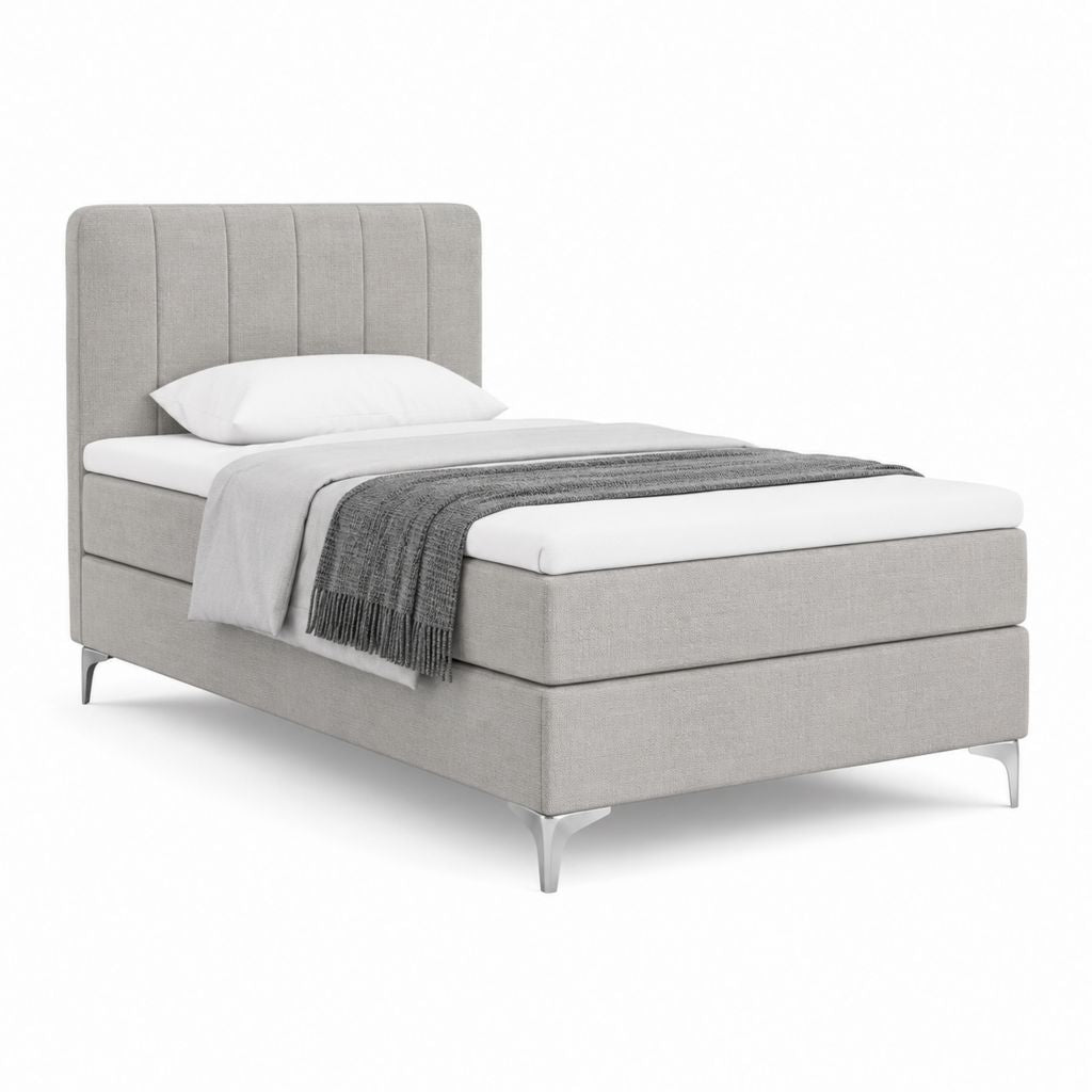 Lit boxspring simple en tissu gris clair 90 × 200 cm avec matelas à ressorts ensachés, topper et tête de lit rembourrée