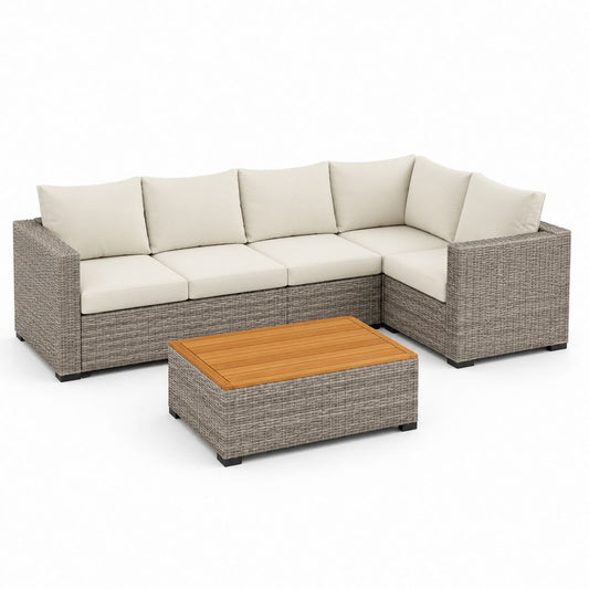 Set salon d'angle de jardin 3 pièces 5 places en résine tressée PE gris avec coussins crème et table basse, 260 × 190 × 78 cm