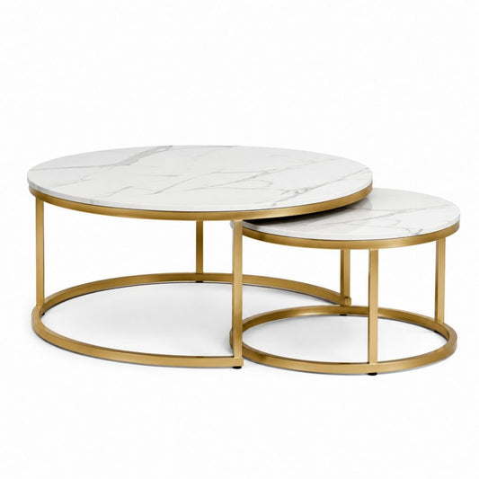 Ensemble de 2 tables de salon rondes en MDF effet marbre et acier doré, Ø80 × H45 cm et Ø60 × H38 cm