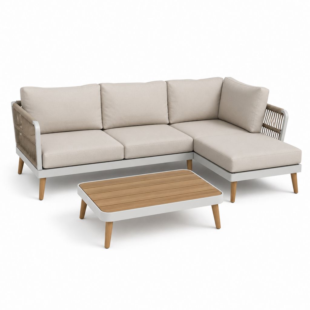 Ensemble salon extérieur 3 pièces avec canapé angulaire 240 × 160 × 78 cm et table basse 100 × 60 × 36 cm en aluminium, bois et corde, beige et blanc