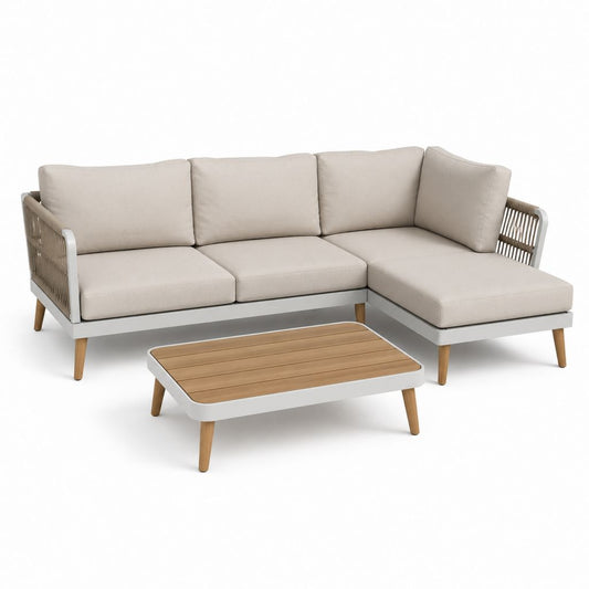 Ensemble salon extérieur 3 pièces avec canapé angulaire 240 × 160 × 78 cm et table basse 100 × 60 × 36 cm en aluminium, bois et corde, beige et blanc