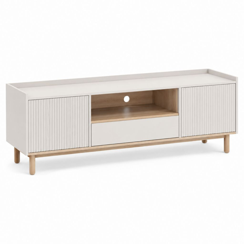 Mobile TV rectangulaire en MDF et maquillage blanc et chêne naturel avec 2 portes, tiroir et passe-câbles, 160 × 40 × 60 cm