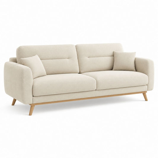 Canapé rectangulaire 3 places en polyester et bois massif beige avec 2 coussins, 210 × 90 × 87 cm