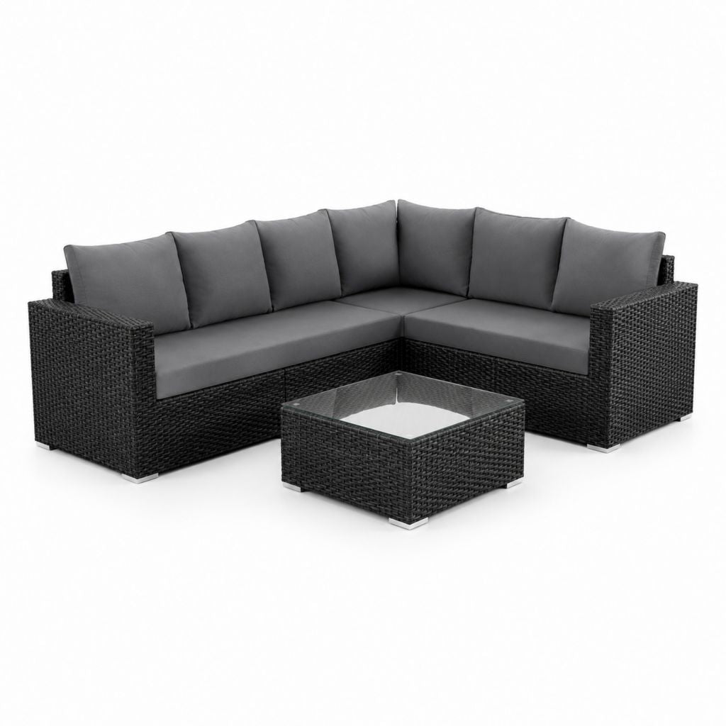 Set salon angulaire de l'extérieur à L en polyrattan noir avec coussins gris, canapé 225 × 225 × 65 cm et table basse 65 × 65 × 32 cm