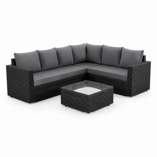 Set salon angulaire de l'extérieur à L en polyrattan noir avec coussins gris, canapé 225 × 225 × 65 cm et table basse 65 × 65 × 32 cm