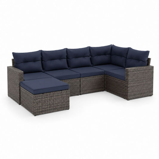Canapé angulaire modulaire d'extérieur à 5 places, ensemble de 6 pièces en résine tressée PE gris avec coussins bleu foncé, 260 × 140 × 83 cm