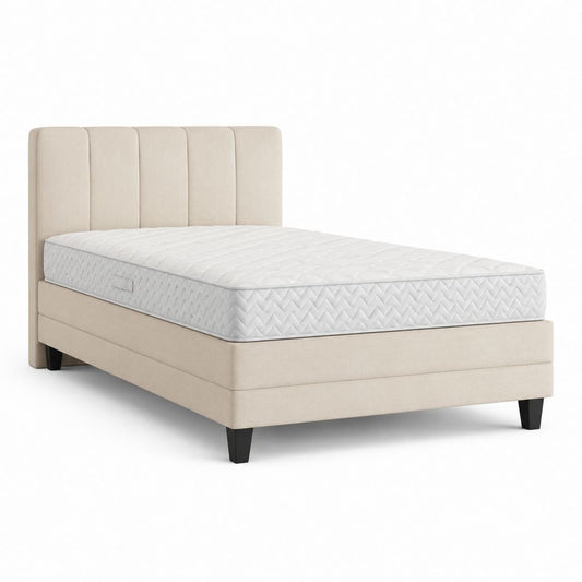 Ensemble lit double rembourré 160 × 200 cm beige et blanc avec matelas à ressorts et tête de lit