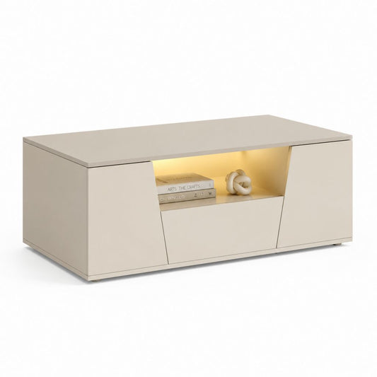Table basse rectangulaire beige en panneau truciolaire avec conteneurs et lumière LED, 120 × 60 × 45 cm