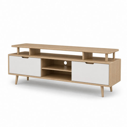 Meuble de télévision rectangulaire en bois avec 2 portes, chêne naturel et blanc, 140 × 40 × 65 cm