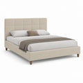 Lit double rembourré beige avec tête de lit matelassée et filet à lattes, surface matelas 160 × 200 cm