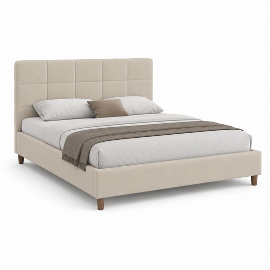 Lit double rembourré beige avec tête de lit matelassée et filet à lattes, surface matelas 160 × 200 cm