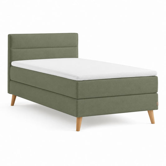 Lit continental double 140 × 200 cm avec matelas, surmatelas, tête de lit en tissu vert d'olive et jambes en bois