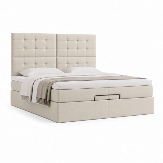 Lit double récipient en tissu beige 170 × 215 × 140 cm, plateau matelas 160 × 200 cm, tête de lit matelassée et filet relevable