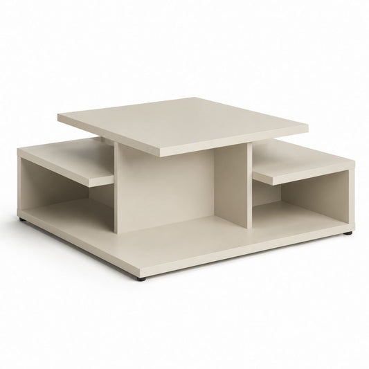 Table basse à café carré en maquillage mélaminé tourterelle avec étagères porte-objets, 80 × 80 × 45 cm