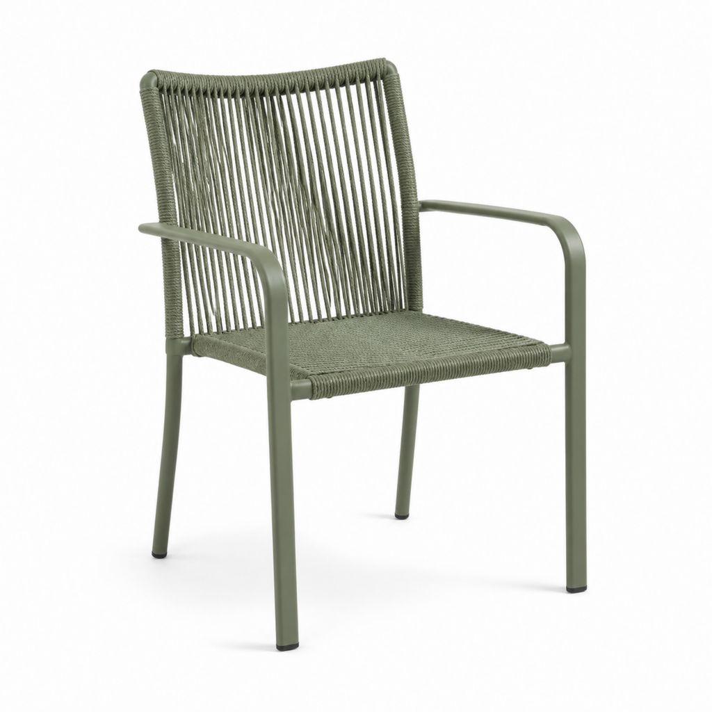 Chaise extérieure avec accoudoirs en aluminium et corde de polyester vert olive, 58 × 60 × 82 cm