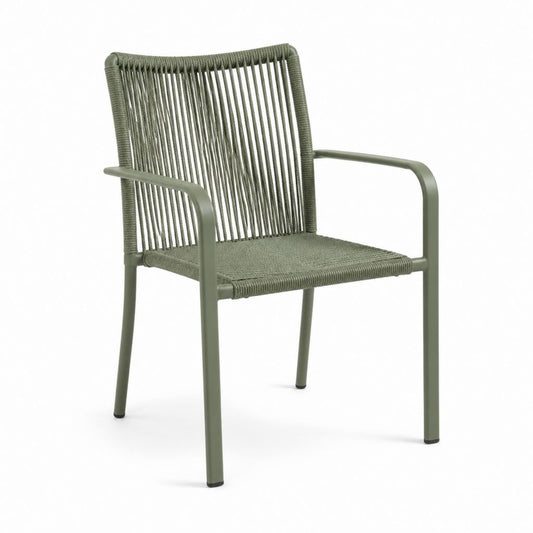 Chaise extérieure avec accoudoirs en aluminium et corde de polyester vert olive, 58 × 60 × 82 cm