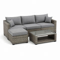 Set salon de jardin 3 pièces en polyrattan gris avec canapé angulaire à 3 places, pouf et table basse, 202 × 135 × 78 cm
