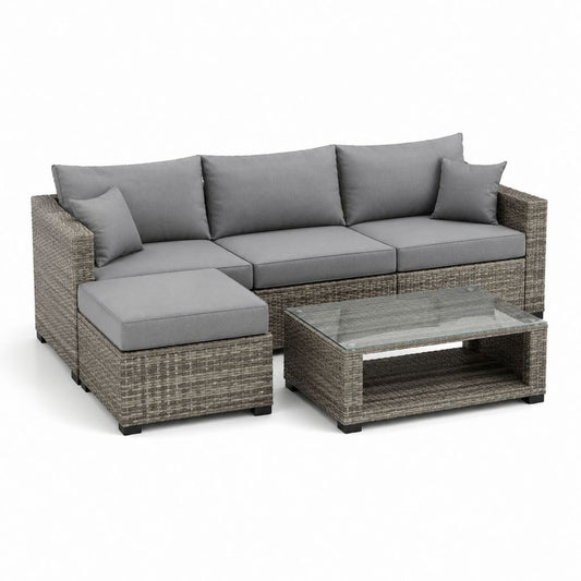 Set salon de jardin 3 pièces en polyrattan gris avec canapé angulaire à 3 places, pouf et table basse, 202 × 135 × 78 cm