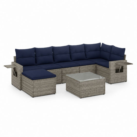 Set salon de jardin en U 7 places en résine tressée PE gris avec coussins bleu marine, 330 × 210 × 85 cm, table basse 70 × 70 × 35 cm