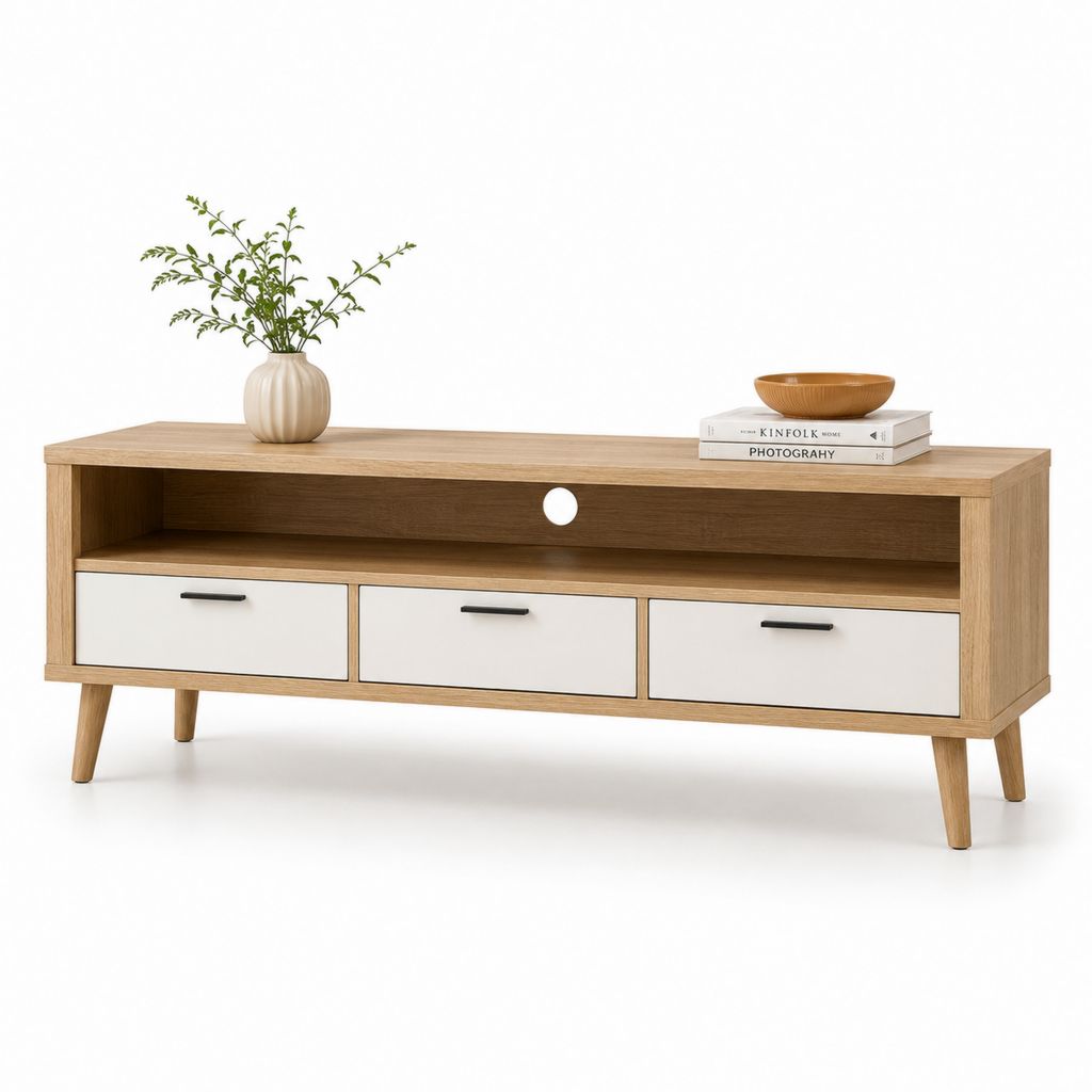 Mobile TV rectangulaire en panneau à outils avec 3 tiroirs et compartiment ouvert, chêne naturel et blanc, 140 × 40 × 60 cm