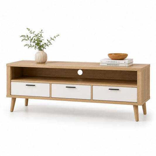 Mobile TV rectangulaire en panneau à outils avec 3 tiroirs et compartiment ouvert, chêne naturel et blanc, 140 × 40 × 60 cm