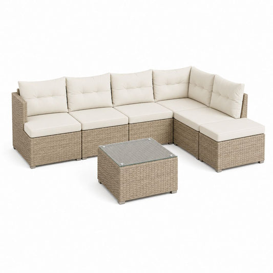 Set salon d'extérieur 7 pièces en résine tressée PE tourterelle avec coussins beige, table basse et pouf, 260 × 200 × 64 cm