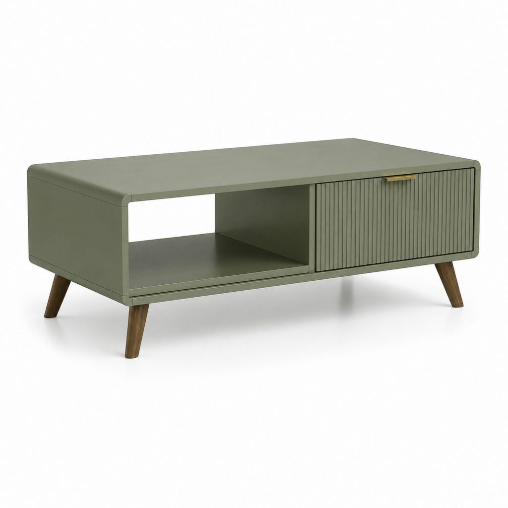 Table basse rectangulaire verte olive 110 × 55 × 45 cm en MDF avec compartiment ouvert et porte coulissante