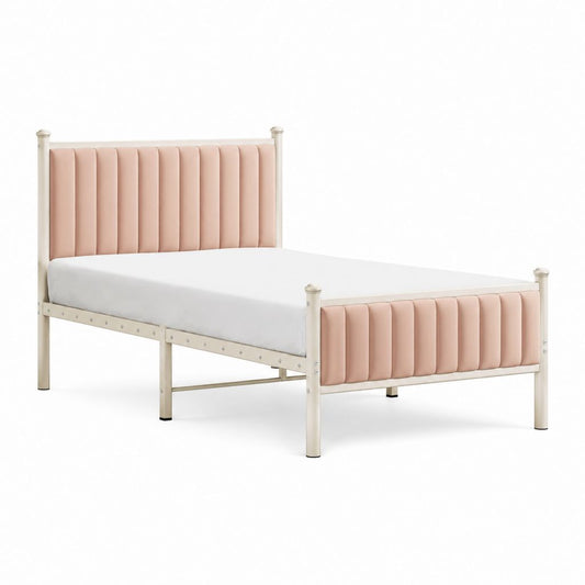 Lit double rembourré 140 × 200 cm en acier et velours rose poudre et crème