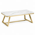 Table basse de salon rectangulaire en MDF effet marbre blanc et métal doré, 110 × 60 × 45 cm